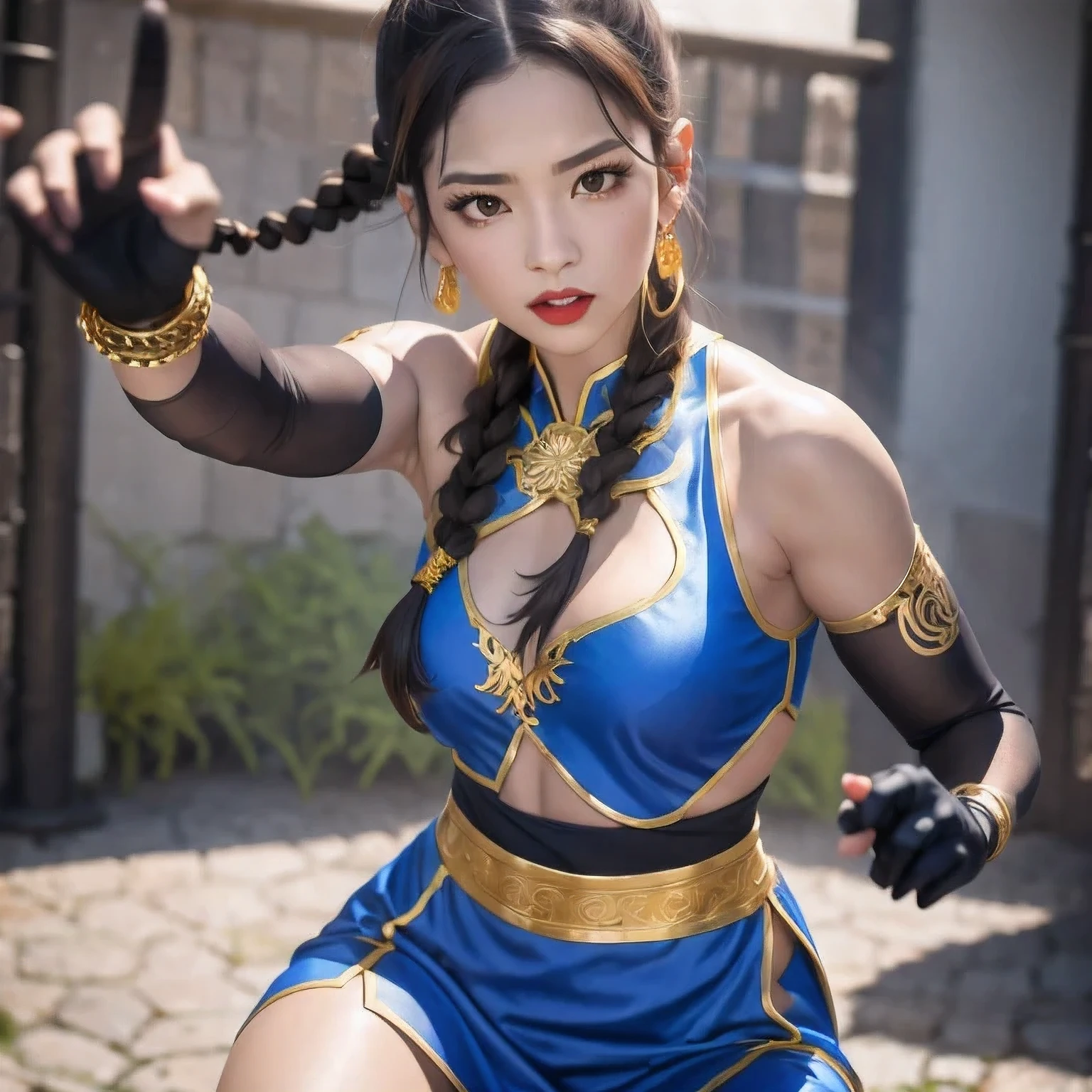 photoshoot
1girl
alternate costume（（Colorful silk clothes））
bare shoulders
black hair
blurry
bracelet
braid
﻿
brown hair
chinese clothes
chun-li
dress
earrings
（（（fighting stance）））
﻿
fingerless gloves
gloves
jewelry
lips
lipstick
long hair
makeup
medium breasts
nose
parted lips
sitting
sleeveless
solo