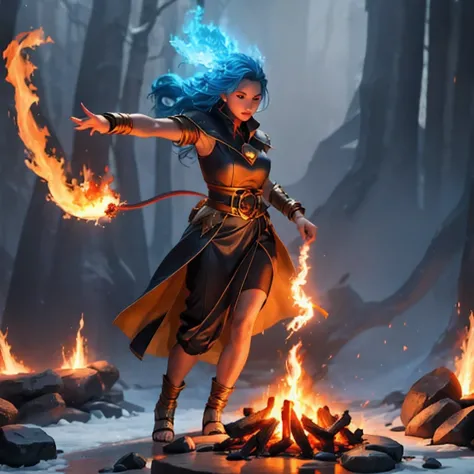 there is a girl with blue hair and a white dress holding a fire, ice sorceress, the sorceress casting a fireball, fantasy charac...