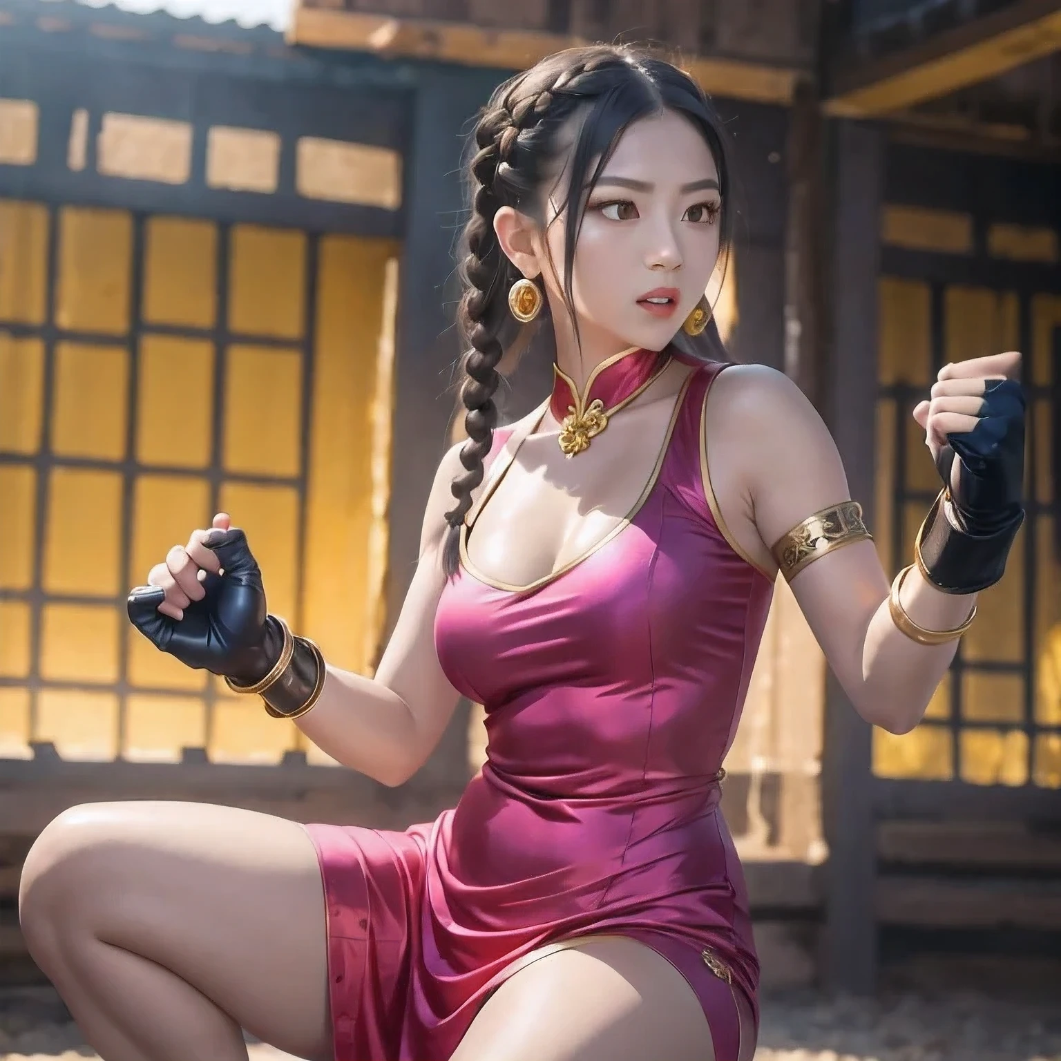 photoshoot
1girl
alternate costume（（Colorful silk clothes））
bare shoulders
black hair
blurry
bracelet
braid
﻿
brown hair
chinese clothes
chun-li
dress
earrings
（（（fighting stance）））
﻿
fingerless gloves
gloves
jewelry
lips
lipstick
long hair
makeup
medium breasts
nose
parted lips
sitting
sleeveless
solo