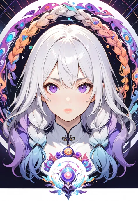 Portrait of a female therapist in deep psychedelic, Hallucinogens, yinji, purple hair, purple eyes, long hair, white hair, doubl...