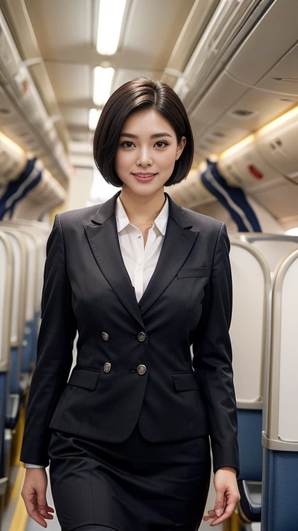 1beautiful womanl, 28years、hyperdetailed face、Detailed lips、A detailed eye、double eyelid、(Black bob hair、Smiling while walking gracefully down the aisle)、(Stewardess uniform:1.2)、(Glamorous body)、(Colossal tits)、((short-cut hair))。、thighs thighs thighs thighs, Perfect fit, Perfect image realism, Background with: (Business Class aisle on airplanes:1.2), Cowboy Shot, Meticulous background, detailed costume, Perfect litthing、Hyper-Realism、(Photorealsitic:1.4)、8K maximum resolution, (​masterpiece), ighly detailed, Professional