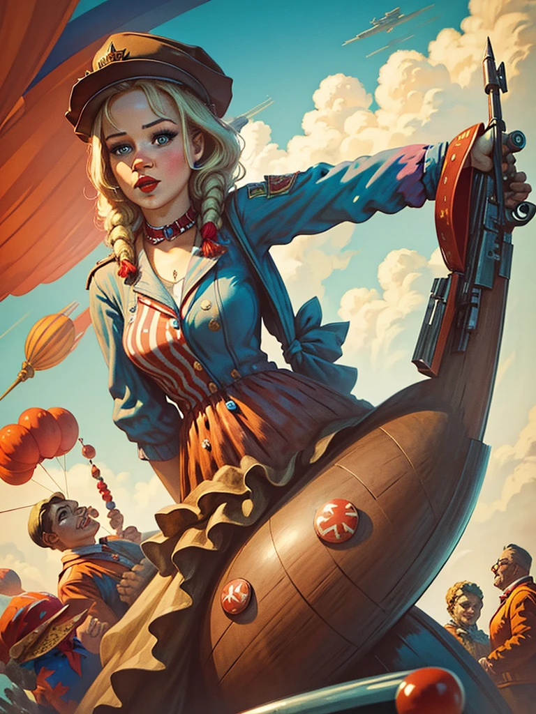 Official Art, unity 8k wallpaper, Super detailed, Beautiful appearance, high quality, masterpiece, 最high quality, Close up of a girl (Jennifer Lawrence) holding a gun with a clown hat on, with red panties, Murder Carnival Freak, capitalist clown, gang, Clown, clown, She has a pistol, of a gang of circus clowns, Inspired by Earl Burgee,gang,  Background artwork, portrait death clown art by Ray Shark