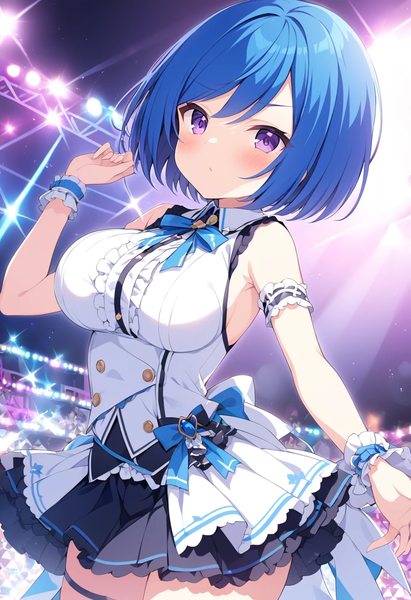 maki , short hair, blue hair, purple eyes, ., large breasts,, Live Stage, solo .
