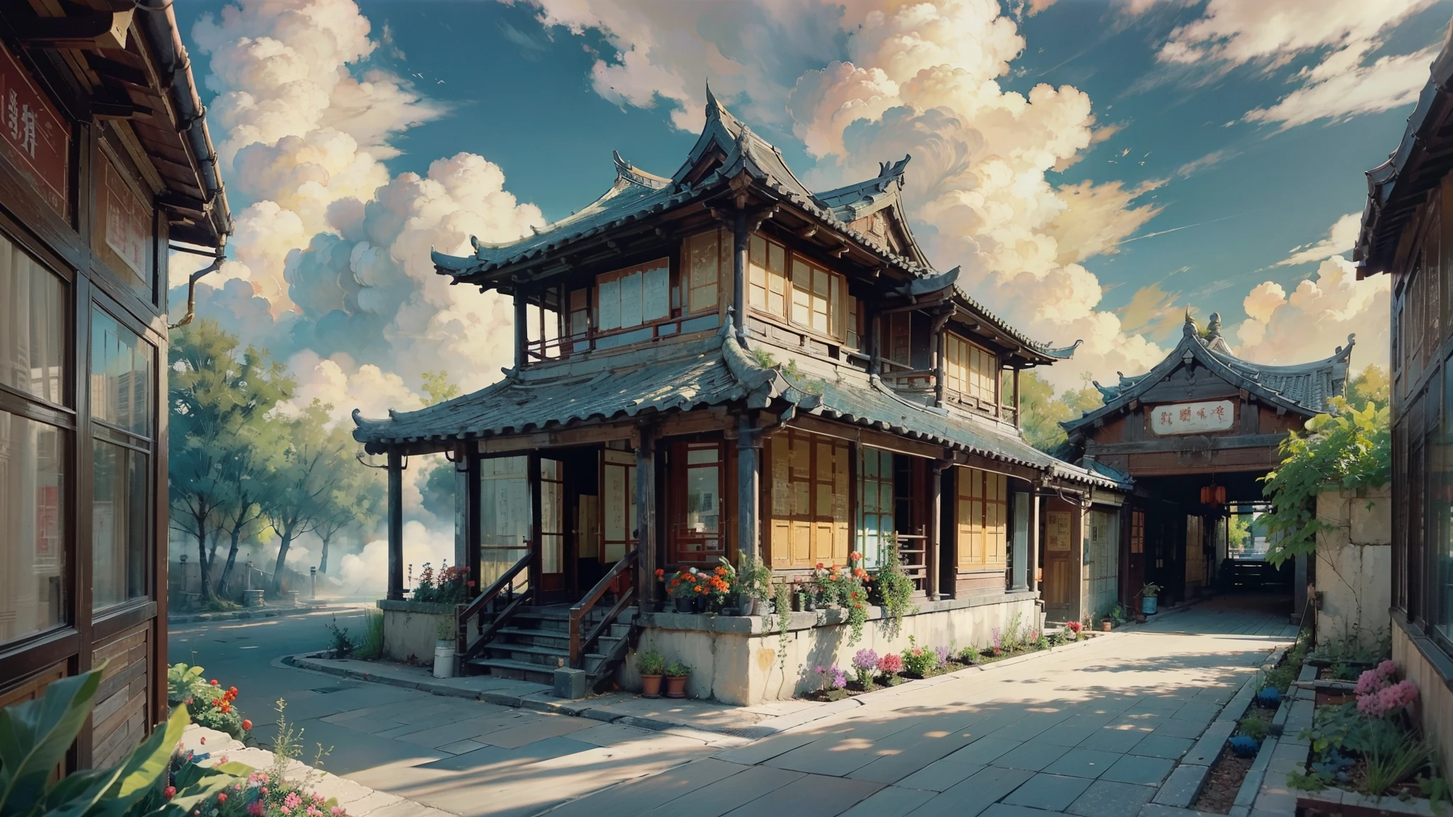 Oil_,architecture, Traditional Chinese streets,Sunlight, Flowers, Green Plants,((Blue sky)),((cloud)),