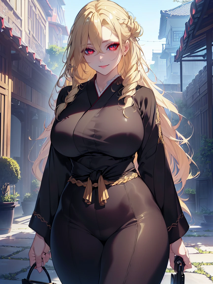 (Uhd, Masterpiece, Textured Skin, Super Detail, High Details, High Quality, Best Quality), Detailed Face, 1woman, mature pretty woman, ((wide hips, thick thighs, huge breasts)), ((Long blonde hair tied:1.5, Hair over the eye:1.5)), ((Black kimono), (Pants), (Huge body), (Cultivator), Courtyard with a stone floor