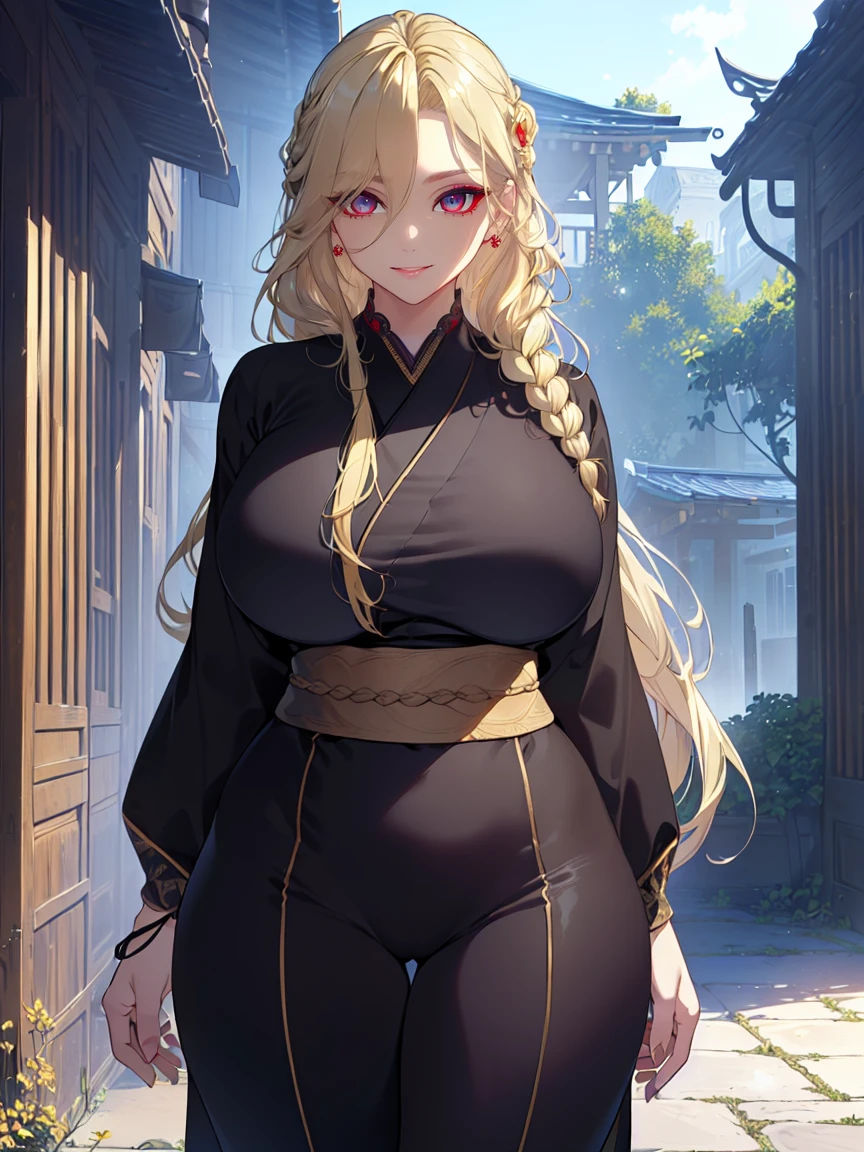 (Uhd, Masterpiece, Textured Skin, Super Detail, High Details, High Quality, Best Quality), Detailed Face, 1woman, mature pretty woman, ((wide hips, thick thighs, huge breasts)), ((Long blonde hair tied:1.5, Hair over the eye:1.5)), ((Black kimono), (Pants), (Huge body), (Cultivator), Courtyard with a stone floor