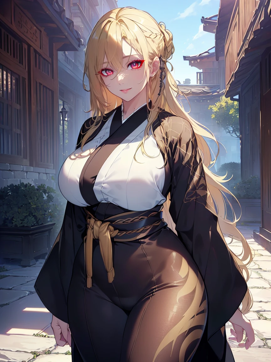 (Uhd, Masterpiece, Textured Skin, Super Detail, High Details, High Quality, Best Quality), Detailed Face, 1woman, mature pretty woman, ((wide hips, thick thighs, huge breasts)), ((Long blonde hair tied:1.5, Hair over the eye:1.5)), ((Black kimono), (Pants), (Huge body), (Cultivator), Courtyard with a stone floor