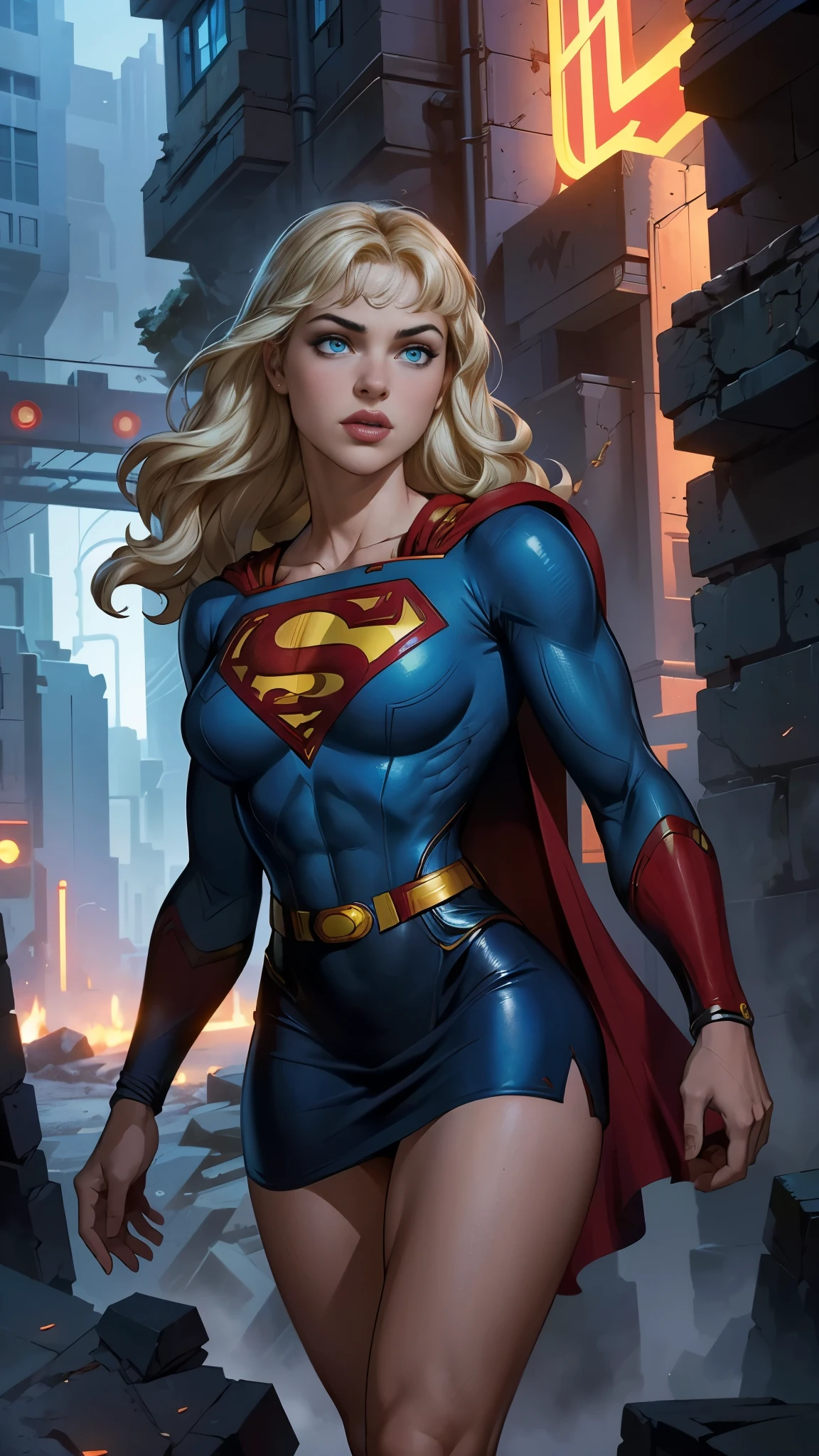 8K, Ultra HD, super details, high quality, high resolution. The heroine Supergirl looks beautiful in a full-length photo, her body is sculptural, her long wavy blonde hair is radiant in a perfect combination with her white skin, her bright blonde eyes mesmerize everyone. She is wearing her heroine outfit, a red skirt with a yellow belt, a very tight blue t-shirt with a big red S on the chest, Elta also wears a red cape and red boots. she looks very sexy drawing attention to her big breasts and thick legs as she flies through the sky.,(Fondo de ruinas de mazmorra en ruinas cyberpunk :1.4 ), (supergils superman :1.4), (vestuario white traje :1.4), (Detalles de la cara: 1.5, ojos azules brillantes, hermoso rostro, ojos bonitos, Contorno del iris, labios delgados: 1.5, Thin, sharp pale eyebrows, Long, dark eyelashes, double tabs),(dynamic cowboy pose), score_9, score_8_up, score_7_up, score_6_up, rating_explicit, 1girl, ((18YO:1.2)), Adult, full lips, big clear eyes, light blue eyes, ((blond hair:1)), (long wavy hair: 1.2),(capa de superman:1.4) 