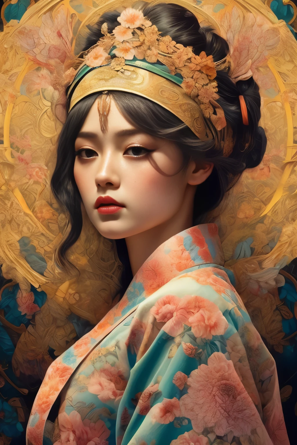 One girl、Traditional Japanese Kimono、Incredibly detailed kimono patterns、Delicate floral pattern、Intricate embroidery、Beautifully detailed face、Long eyelashes、Calm expression、Natural lighting、Soft colors、Warm tones、Cinematic、masterpiece、High resolution、Photorealistic、Super detailed