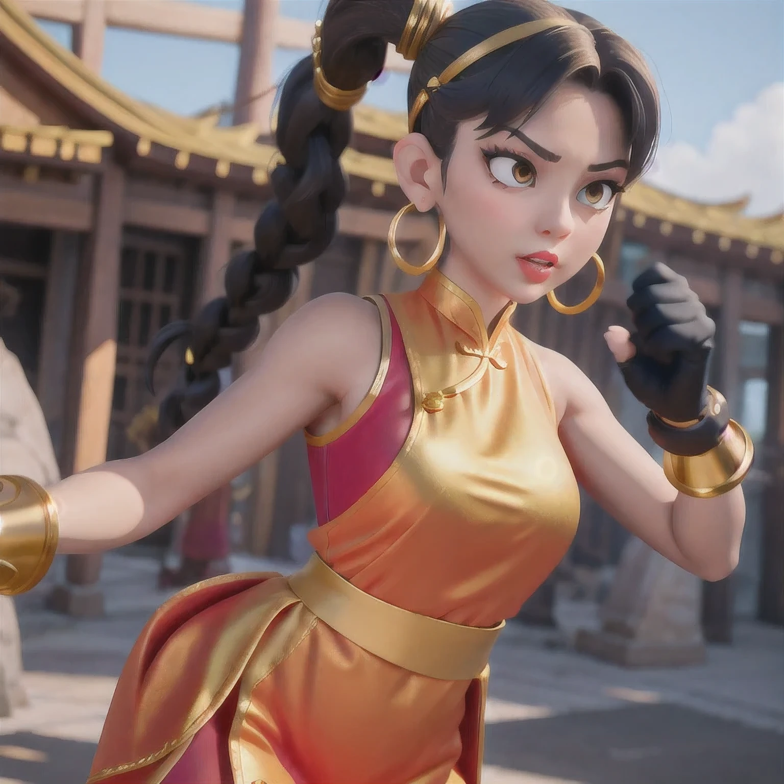 photoshoot
1girl
alternate costume（（Colorful silk clothes））
bare shoulders
black hair
blurry
bracelet
braid
﻿
brown hair
chinese clothes
chun-li
dress
earrings
（（（fighting stance）））
﻿
fingerless gloves
gloves
jewelry
lips
lipstick
long hair
makeup
medium breasts
nose
parted lips
跳跃下落中
sleeveless
solo