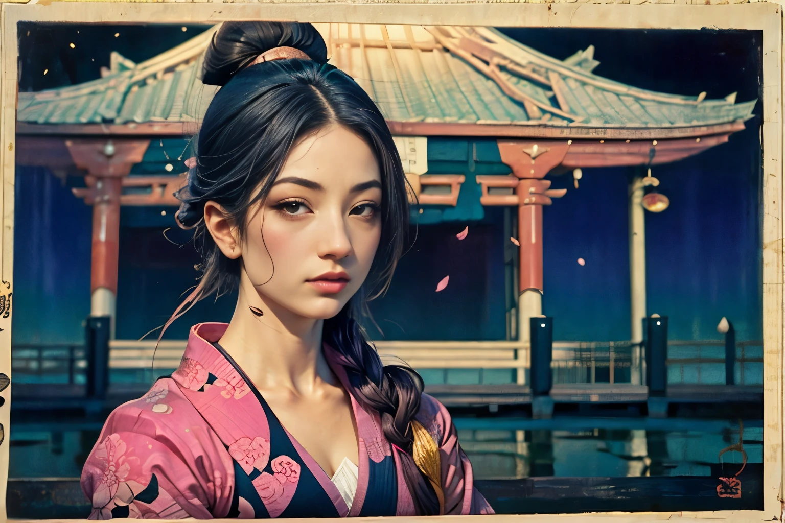 (Ukiyo-e:1.9)、woodblock print、woodblock print、otherscape、SF、Space Opera、(A love story between a beautiful woman and a wild, handsome man with a topknot:1.5)、Purple clouds gather、Detailed face、Beautiful Eyes、Elegant garments、Intricate floral pattern、Delicate skin、Natural light、A calming color palette、Soft Focus、masterpiece、skimpy leather costume、spaceship、alien、night、Crystal Reed