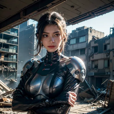 A highly detailed Cyborg, arms crossed in front of a destroyed city, sporting futuristic details on his bionic body. (An extreme...