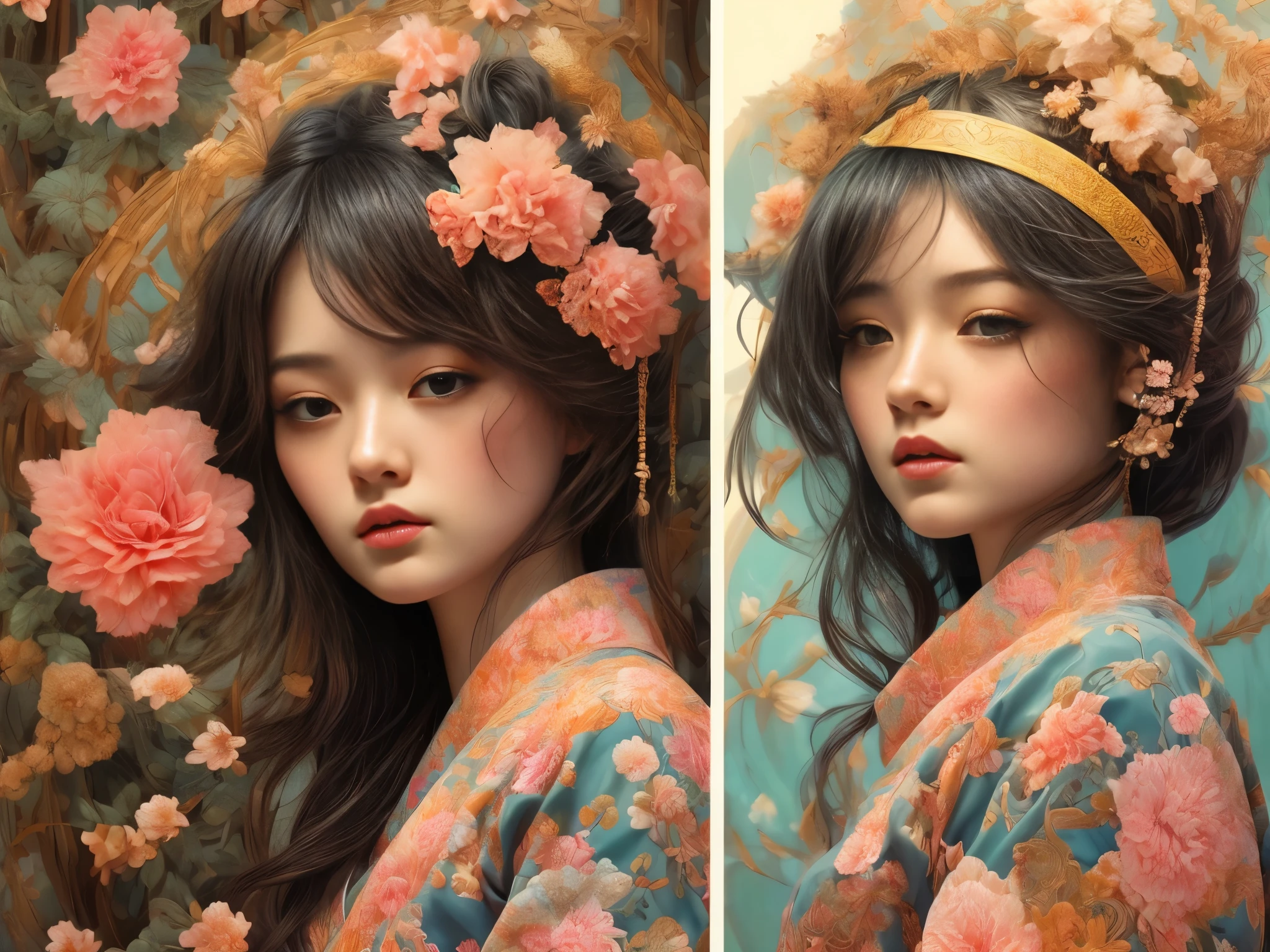 One girl、Traditional Japanese Kimono、Incredibly detailed kimono patterns、Delicate floral pattern、Intricate embroidery、Beautifully detailed face、Long eyelashes、Calm expression、Natural lighting、Soft colors、Warm tones、Cinematic、masterpiece、High resolution、Photorealistic、Super detailed