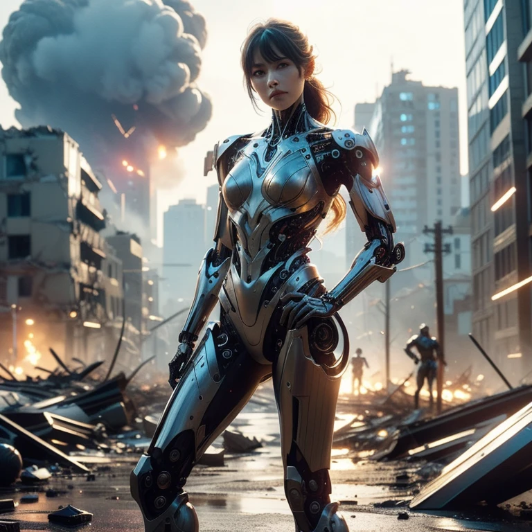 A highly detailed Cyborg, arms crossed in front of a destroyed city, sporting futuristic details on his bionic body. (An extremely detailed cyborg with crossed arms in front of a destroyed city, with futuristic details on their bionic body.)