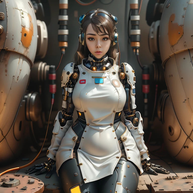 masterpiece, best quality, extremely detailed,  Female Cyborg girl,Plump , control panels,android,Droid,Mechanical Hand, Robot arms and legs, Black Robot Parts,Mechanical body,Mannequin face, White robotics parts,perfect robot girl,long tube,thick cable connected her neck,ceramic body ,mechanical body, mechanical ear cover, mechanical costume,android,robot,humanoid,cyborg,android woman ,mechanical chest,full eyes,future laboratory,connecting a cable between the legs,white face cover