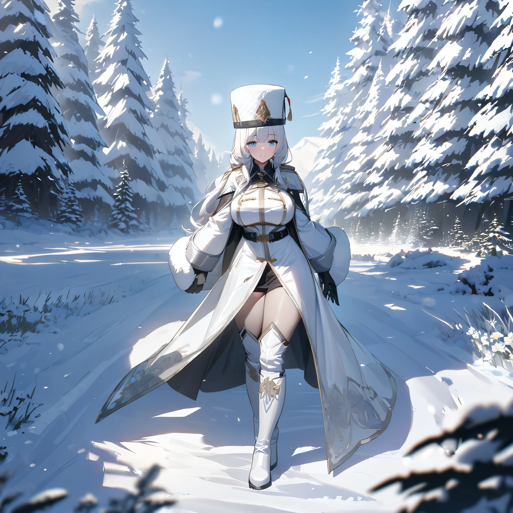 A woman wearing a silver cold coat, white hair, long hair, pigtails, traditional white Russian hat, walking on a lightly covered sidewalk, with a wide view of a snow-covered field, pine trees, with a view of the sky. daytime, ice blue eyes, big breasts, white boots,shadow, flower, UHD, masterpiece, accurate, anatomically correct, textured skin, super detail, high quality, best quality, 8k, high resolution, bokeh effect. (woman alone)
