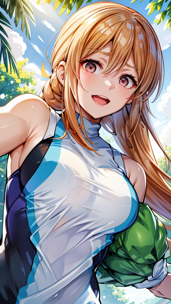 (Close-up of a woman)、Depiction of the upper body、((18-year-old female))、Bright smile、(Please open your mouth a little、High resolution、16k))、Sporty summer clothes、Early morning park、