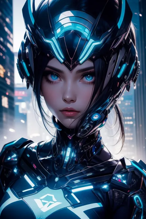 close-up waist-up portrait of cinderella reimagined in a cyberpunk setting, glowing neon lights casting vibrant hues on her shin...