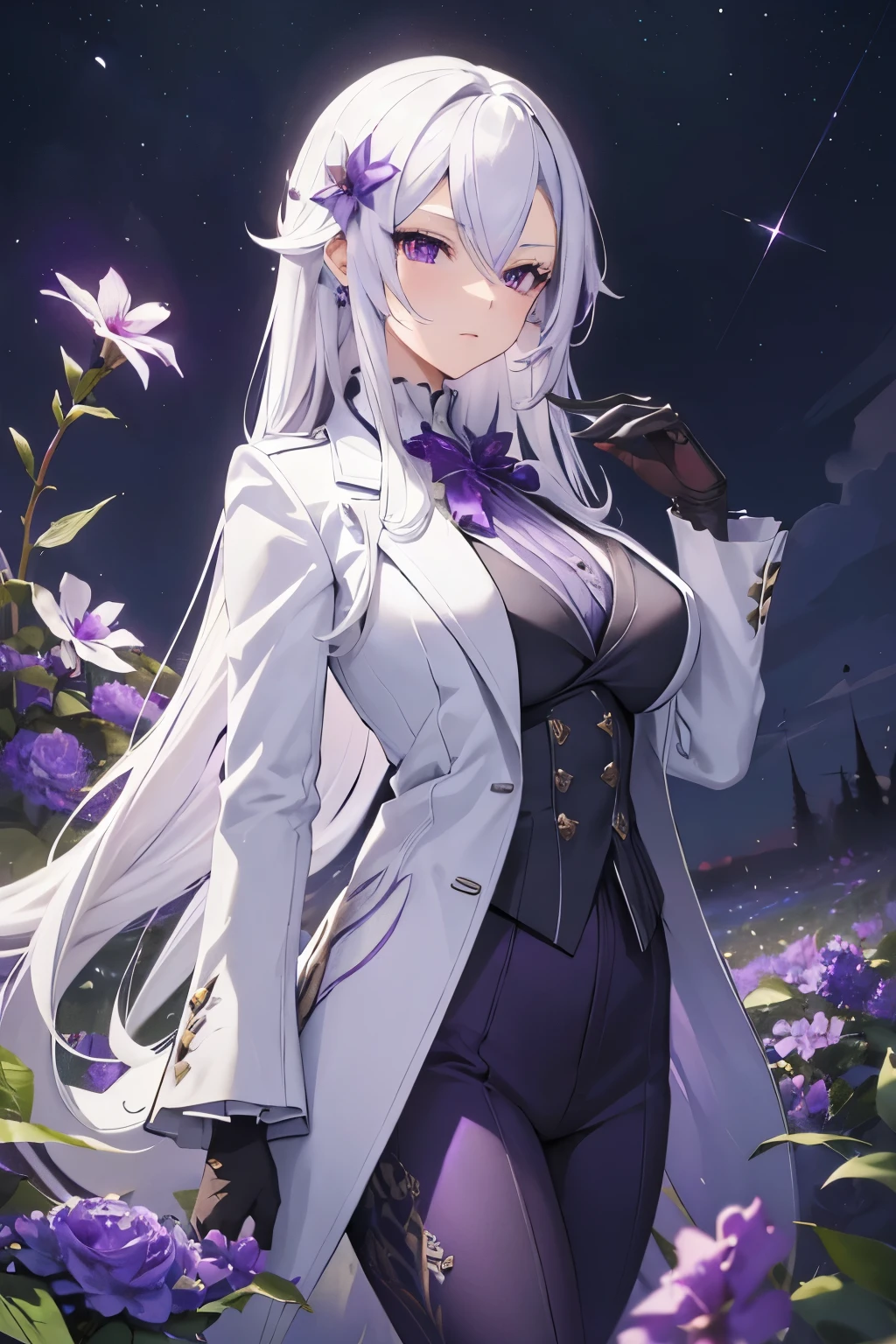 (best quality:1.3), (masterpiece:1.3), (illustration:1.3), (ultra-detailed:1.3), 1girl, solo, ((long hair, white hair, purple eye, purple flower pattern)), (((large breasts))), black pants, white suit, tailcoat, serious expression, tall, mature, elegant, black gloves, one hand on hip, purple flowers, looking at viewer, night sky, glowing purple flowers, nice hands, perfect hands, serious expression, tsurime,