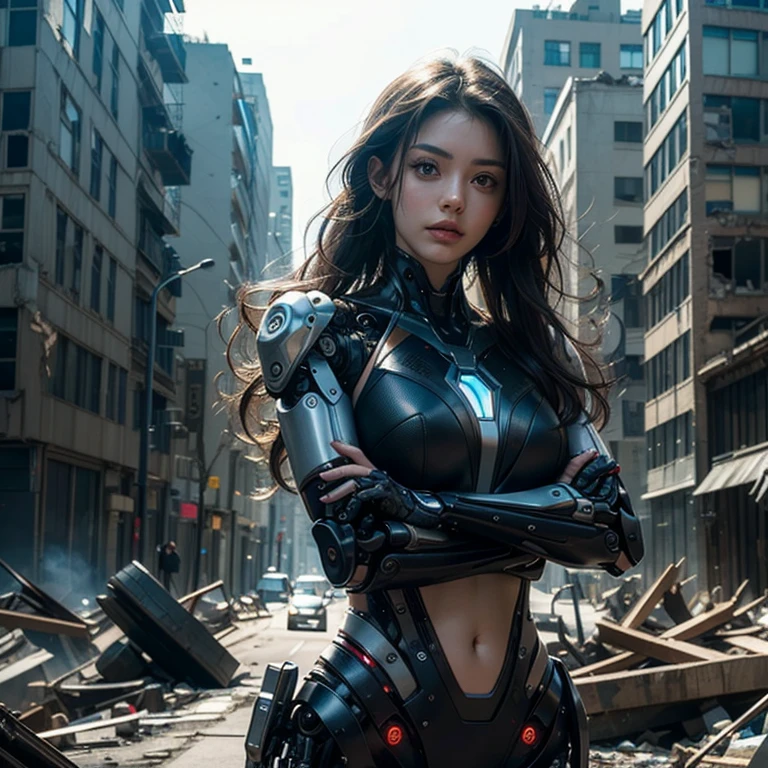 A highly detailed Cyborg, arms crossed in front of a destroyed city, sporting futuristic details on his bionic body. (An extremely detailed cyborg with crossed arms in front of a destroyed city, with futuristic details on their bionic body.),Beautiful Face、Beautiful woman