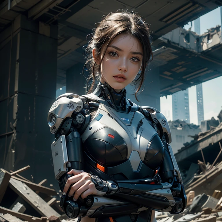 A highly detailed Cyborg, arms crossed in front of a destroyed city, sporting futuristic details on his bionic body. (An extremely detailed cyborg with crossed arms in front of a destroyed city, with futuristic details on their bionic body.),Beautiful Face、Beautiful woman