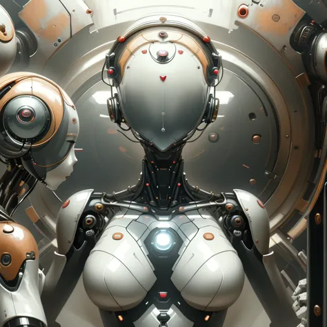 atomic heart, robot, android, cyborg, mirror, (((faceless))), 1girl, solo