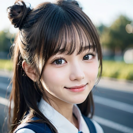 Cute 15 year old Japanese、on the road、Highly detailed face、Pay attention to the details、double eyelid、Beautiful thin nose、Sharp focus:1.2、Beautiful woman:1.4、(Bun Hair)、Pure white skin、highest quality、masterpiece、Ultra-high resolution、(Realistic:1.4)、Highly detailed and professional lighting、nice smile、Japanese school girl uniform