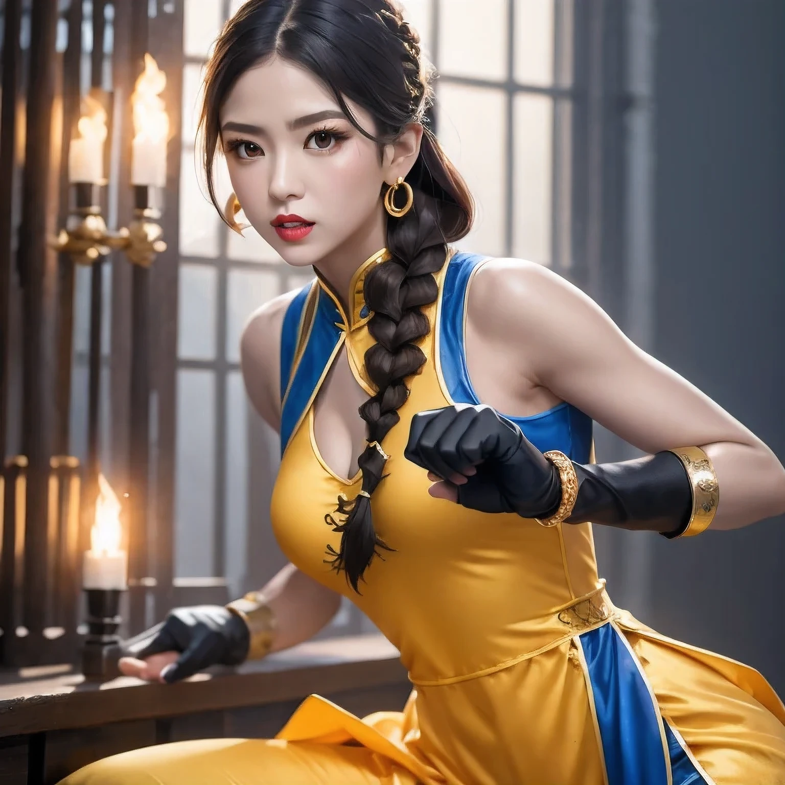 Fotoshooting 1 Mädchen alternatives Kostüm（（Bunte Seidenkleidung））
nackte Schultern schwarze Haare verschwommen Armband Zopf braune Haare chinesische Kleidung Chun-Li-Kleid Ohrringe
（（（Kampfhaltung）））
﻿ fingerlose Handschuhe Handschuhe Schmuck Lippen Lippenstift lange Haare Make-up mittlere Brüste Nase geöffnete Lippen 落地 ärmellos Solo