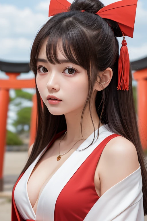 one girl, (a beauty girl, delicate girl:1.3), (24-years-old:1.3),
break, (Shrine maiden costume:1.3), Zoom in on face,
break, Very fine grain definition, (Symmetrical eyes:1.3),
break, (Inari Shrine:1.3), (torii:1.3),
break, Small breasts, Brown eyes, Parted bangs, Brown Hair,  girl,
break, (Eye and facial details:1.0),
break, (masterpiece, highest quality, Super detailed, Detailed face, 8k)、embarrassed、blush、open clothes、cleavage、double bun、Put your hands behind your head