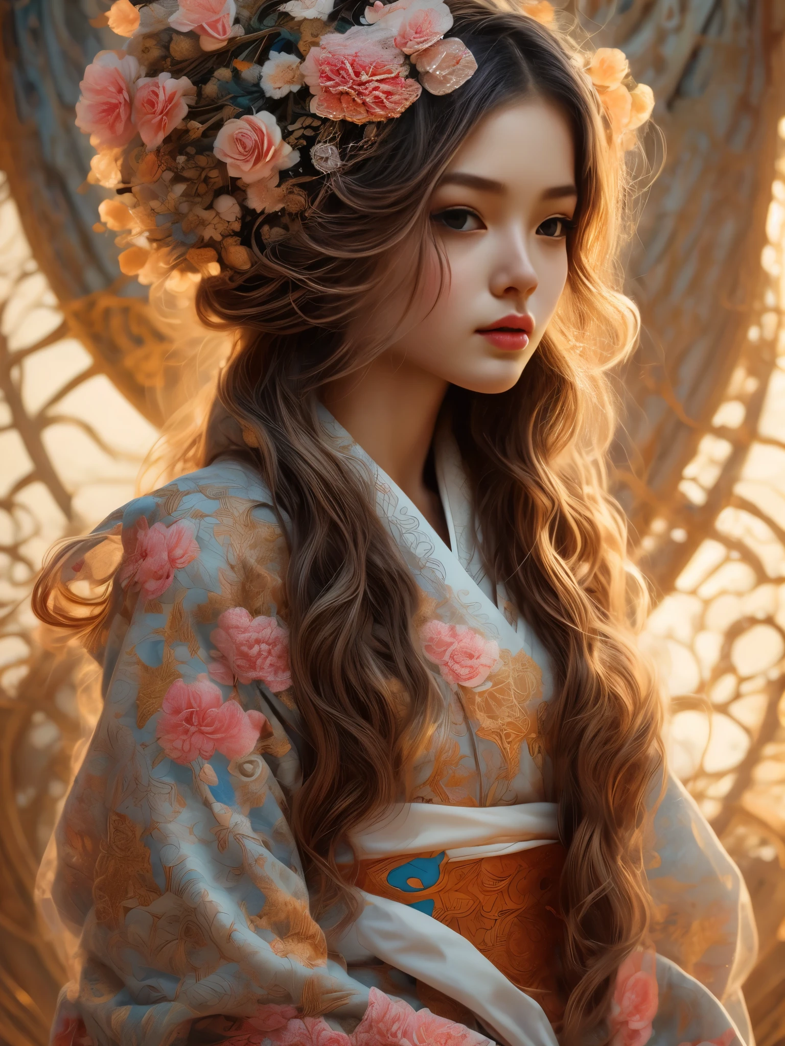 One girl、Traditional Japanese Kimono、Incredibly detailed kimono patterns、Delicate floral pattern、Intricate embroidery、Beautifully detailed face、Long eyelashes、Calm expression、Natural lighting、Soft colors、Warm tones、Cinematic、masterpiece、High resolution、Photorealistic、Super detailed