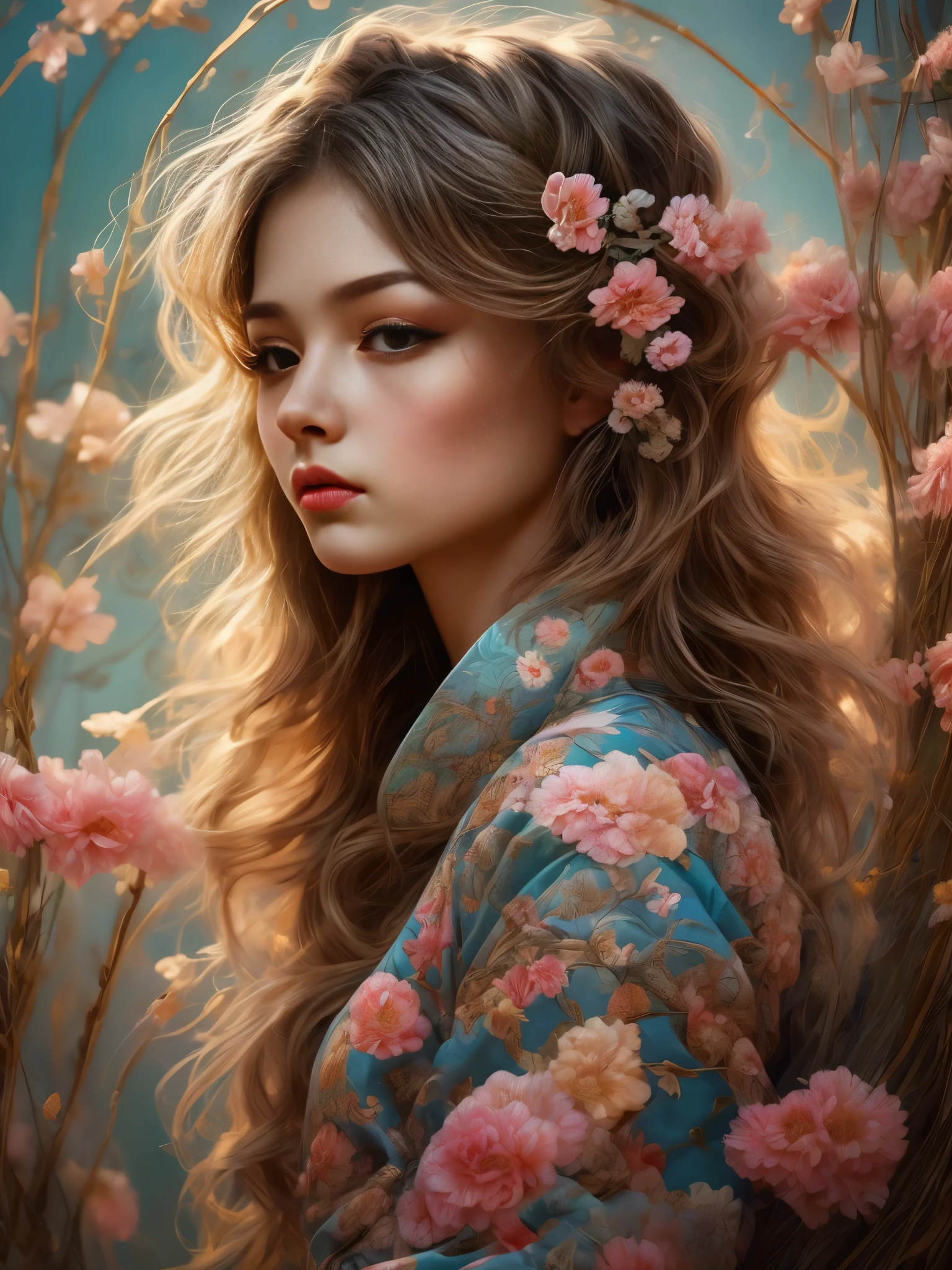 Une fille、kimono japonais traditionnel、Des motifs de kimono incroyablement détaillés、motif floral délicat、broderie complexe、visage magnifiquement détaillé、long cils、Expression calme、éclairage naturel、couleurs douces、tons chauds、Cinématique、chef-d&#39;œuvre、haute résolution、Photoréaliste、Super détaillé