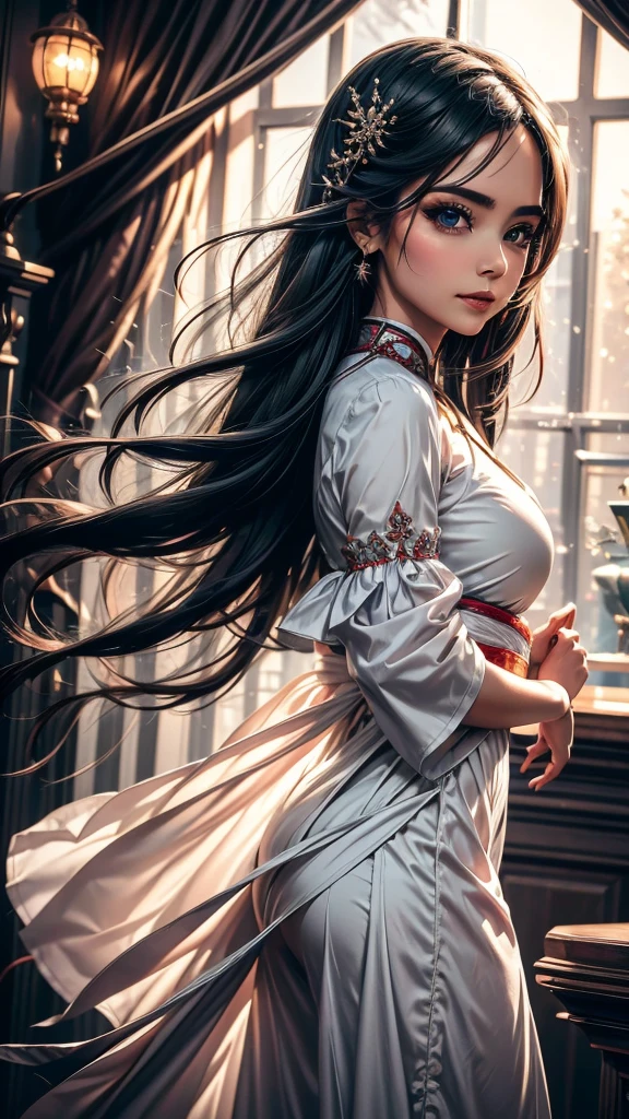 Excelinte calidad, masterpiece, High Resolutiin, 1 girl, blush, (seductive smile: 0.8), star pupil, Hanfu chino, Hair Accessories, collar, jewelry, beauty, in_body, Tyndall effect, realist, shadow room, light edge, Two-tine Lighting, (High detail leather: 1.2), 8K UHD, reflex camera, luz tinue, high quality, Volume Lighting, candid photo, High Resolutiin, 4k, 8k, desinfoque de fondo, Real Persin