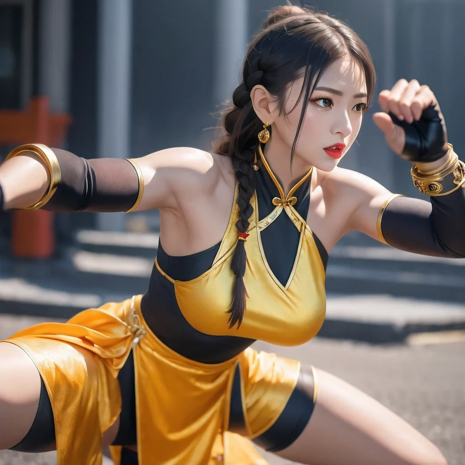 photoshoot
1girl
alternate costume（（Colorful silk clothes））
bare shoulders
black hair
blurry
bracelet
braid
﻿
brown hair
chinese clothes
chun-li
dress
earrings
（（（fighting stance）））
﻿
fingerless gloves
gloves
jewelry
lips
lipstick
long hair
makeup
medium breasts
nose
parted lips
落地
sleeveless
solo