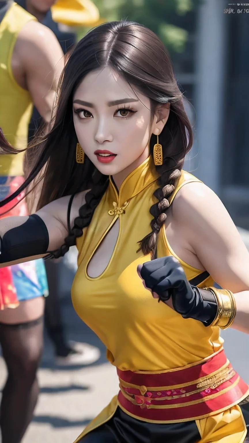 photoshoot 1 Ninja Turtles alternate costume（（Colorful silk clothes））
bare shoulders
black hair
blurry
bracelet
braid
﻿
brown hair
chinese clothes
忍者神龟 
dress
earrings
（（（fighting stance）））
﻿
fingerless gloves
gloves
jewelry
lips
lipstick
long hair
makeup
medium breasts
nose
parted lips
落地
sleeveless
solo