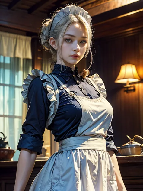 maid clothesを着た美しいサイボーグの女性兵士、short white hair、muscular、six pack abs、(maid clothes:1.8)、(white ruffled apron:1.4)、facial blemishe...