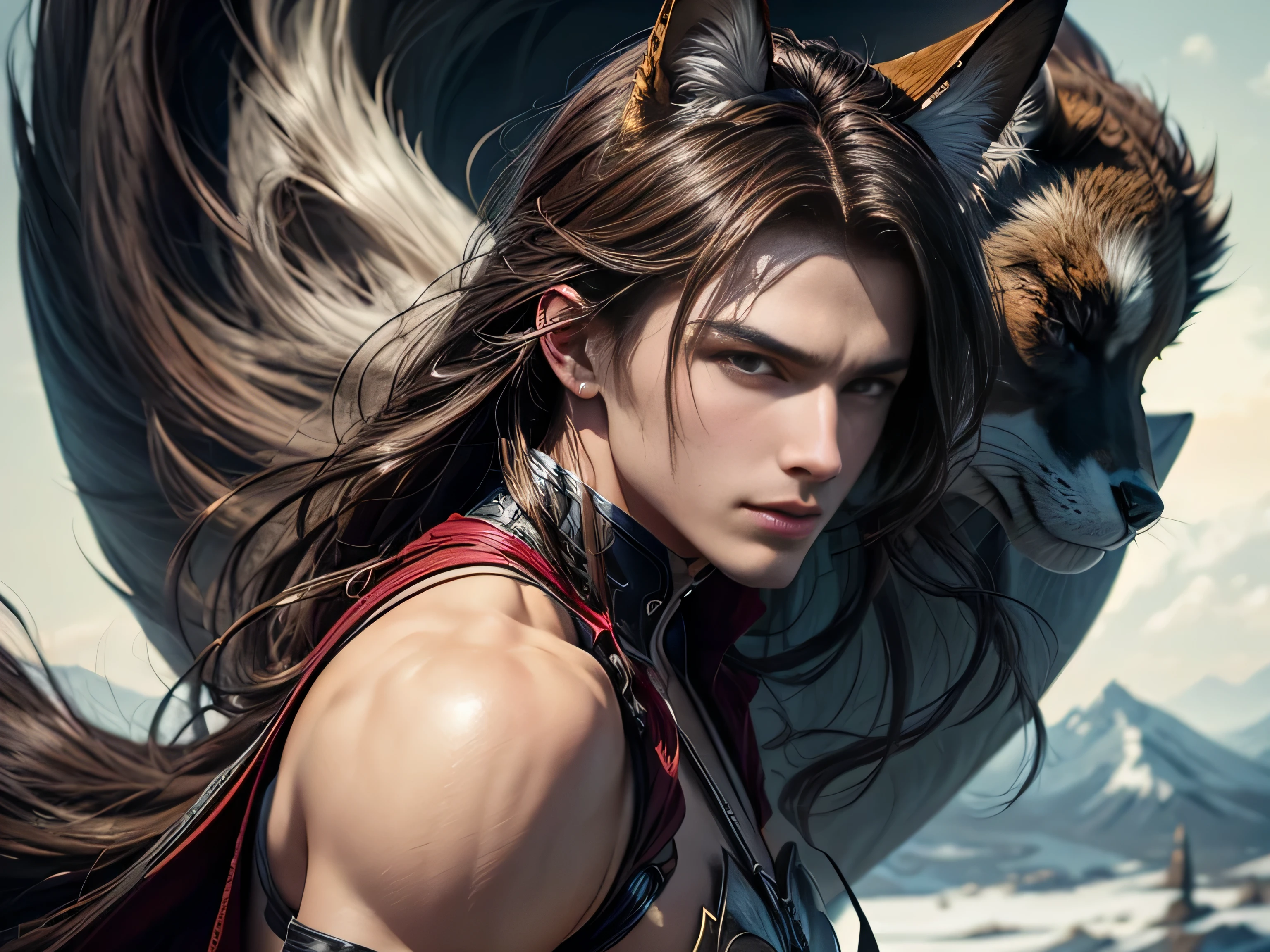 (Best Quality, 8K, Masterpiece, HDR, Soft Lighting, Picture Perfect, Realistic, Vivid), Black-haired guy with fox ears and baby fox animal lie on the snow, on the mountainside, Anime Illustrations, Beautiful Illustrations, Exquisite Digital Illustrations, Realistic digital anime, realistic digital anime art, (ultra high quality fantasy art), masterpiece, male model, ultra high quality male character designs, anime art with 8k development, realistic anime art, highest quality wallpaper illustrations, complex ultra high quality accurate male characters faces, high quality design and accurate physics (super-quality fantasy style)), art, dark fantasy)) Style), masterpieces, super-quality characters, anime resolution - 8K, realistic anime art, wallpapers with the highest quality illustrations, ultra-high detail of faces, high-quality design and physics accuracy), color, depth of field, shadows, ray tracing, production of high-quality computer wallpapers and 8K resolution, (Accurate simulation of the interaction of light and materials)], [High-quality detailed hair [More about beautiful and shiny red hair]], (Beautifully detailed hands [perfect fingers [Perfect nails]], (perfect anatomy (perfect proportions)))) [[Full length]], [Perfect color combination (Accurate imitation of the interaction of light and material)], [art that conveys the meaning of the story ]