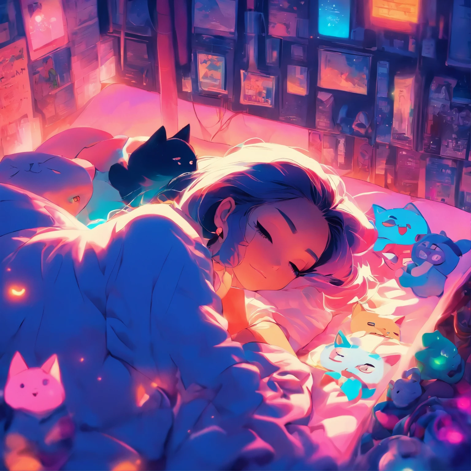 anime scene of a woman laying on a bed with a cat, cyberpunk art by Liam Wong, tumblr, magical realism, loish art style, anime vibes, anime aesthetic, in the bedroom at a sleepover, lofi girl, it is glowing, lofi art, 8 0 s anime vibe, lofi girl aesthetic, dreamy illustration, dreamy psychedelic anime, really realistic