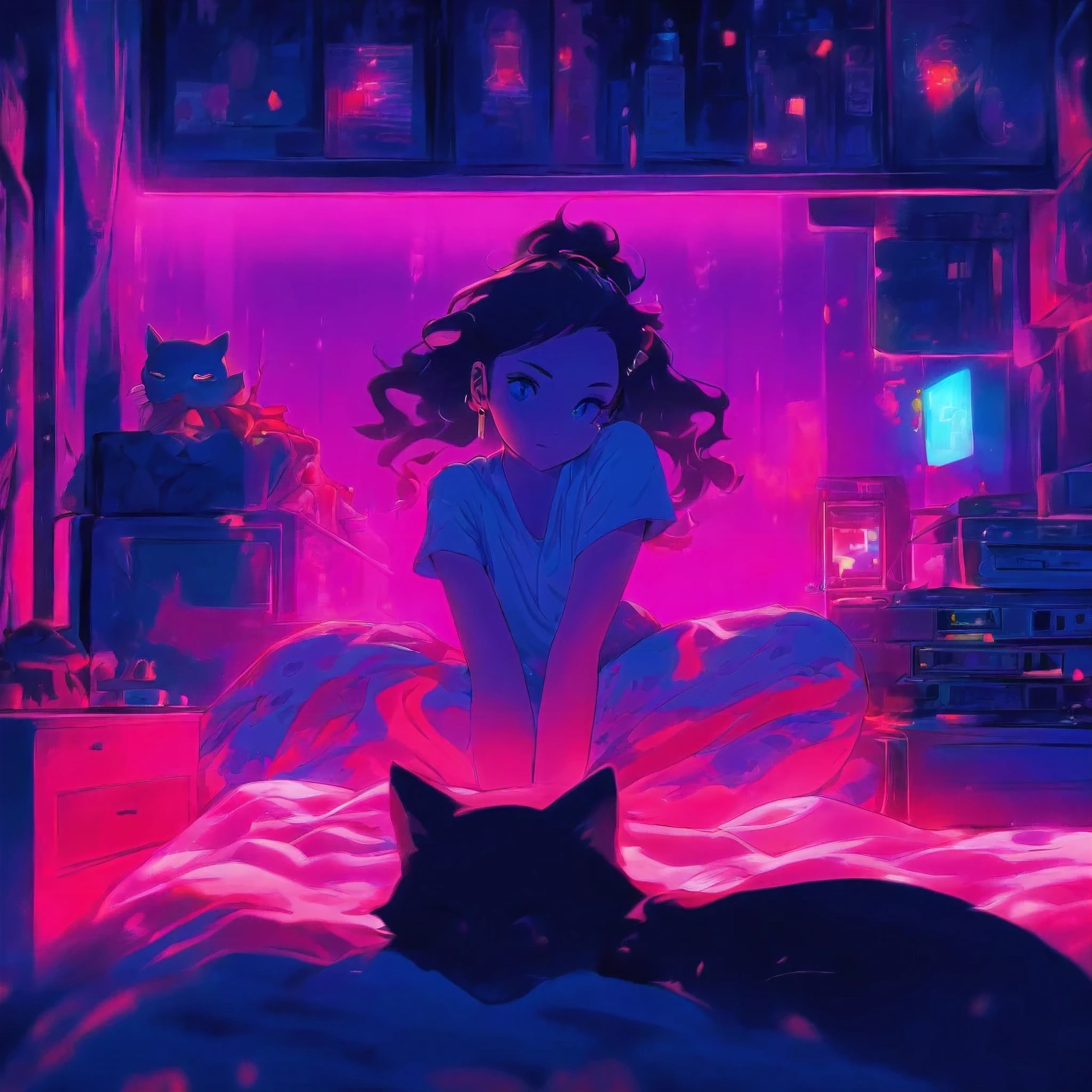 anime scene of a woman laying on a bed with a cat, cyberpunk art by Liam Wong, tumblr, magical realism, loish art style, anime vibes, anime aesthetic, in the bedroom at a sleepover, lofi girl, it is glowing, lofi art, 8 0 s anime vibe, lofi girl aesthetic, dreamy illustration, dreamy psychedelic anime, really realistic