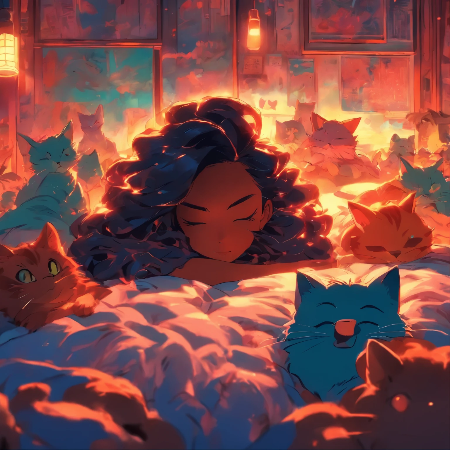 anime scene of a woman laying on a bed with a cat, cyberpunk art by Liam Wong, tumblr, magical realism, loish art style, anime vibes, anime aesthetic, in the bedroom at a sleepover, lofi girl, it is glowing, lofi art, 8 0 s anime vibe, lofi girl aesthetic, dreamy illustration, dreamy psychedelic anime, really realistic