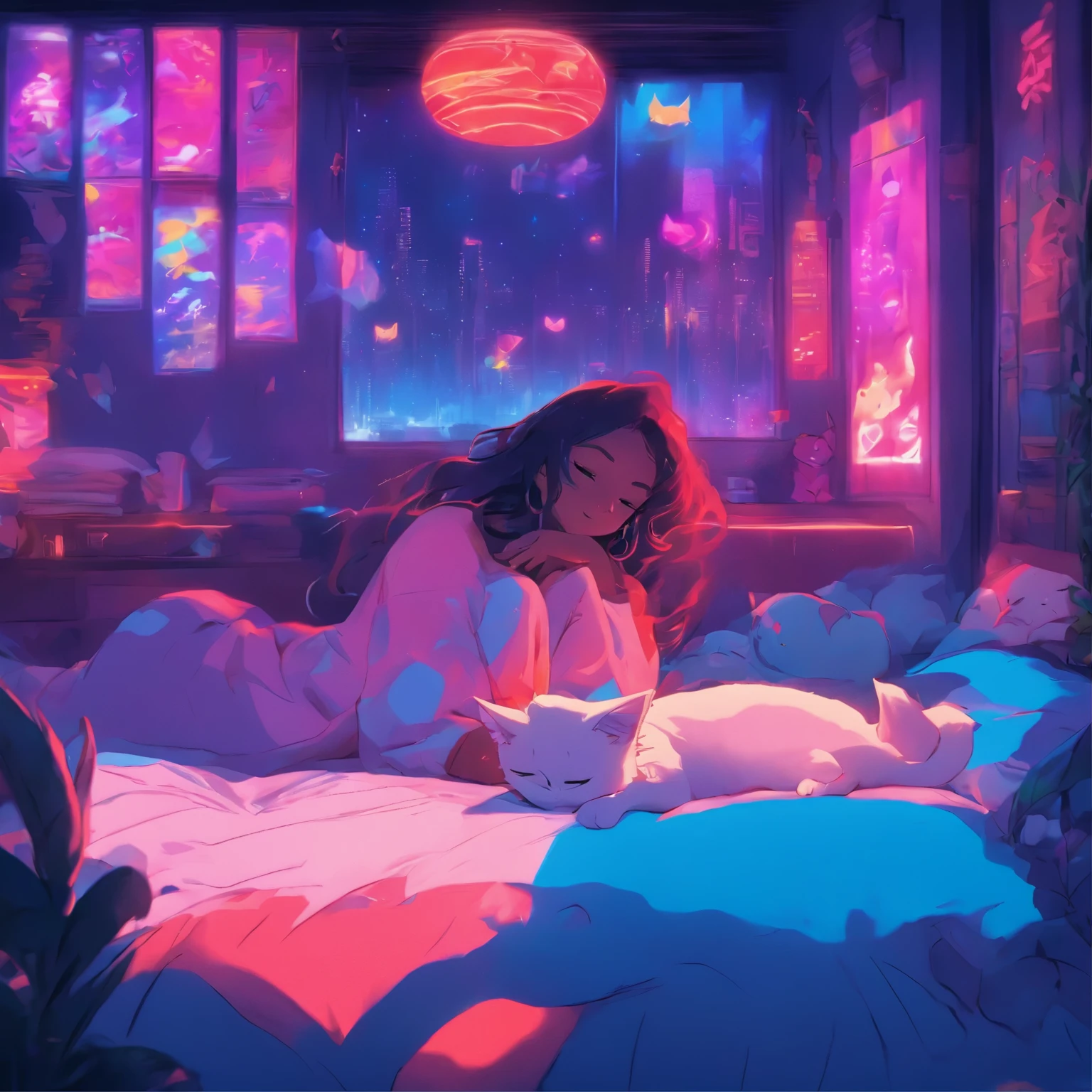 anime scene of a woman laying on a bed with a cat, cyberpunk art by Liam Wong, tumblr, magical realism, loish art style, anime vibes, anime aesthetic, in the bedroom at a sleepover, lofi girl, it is glowing, lofi art, 8 0 s anime vibe, lofi girl aesthetic, dreamy illustration, dreamy psychedelic anime, really realistic