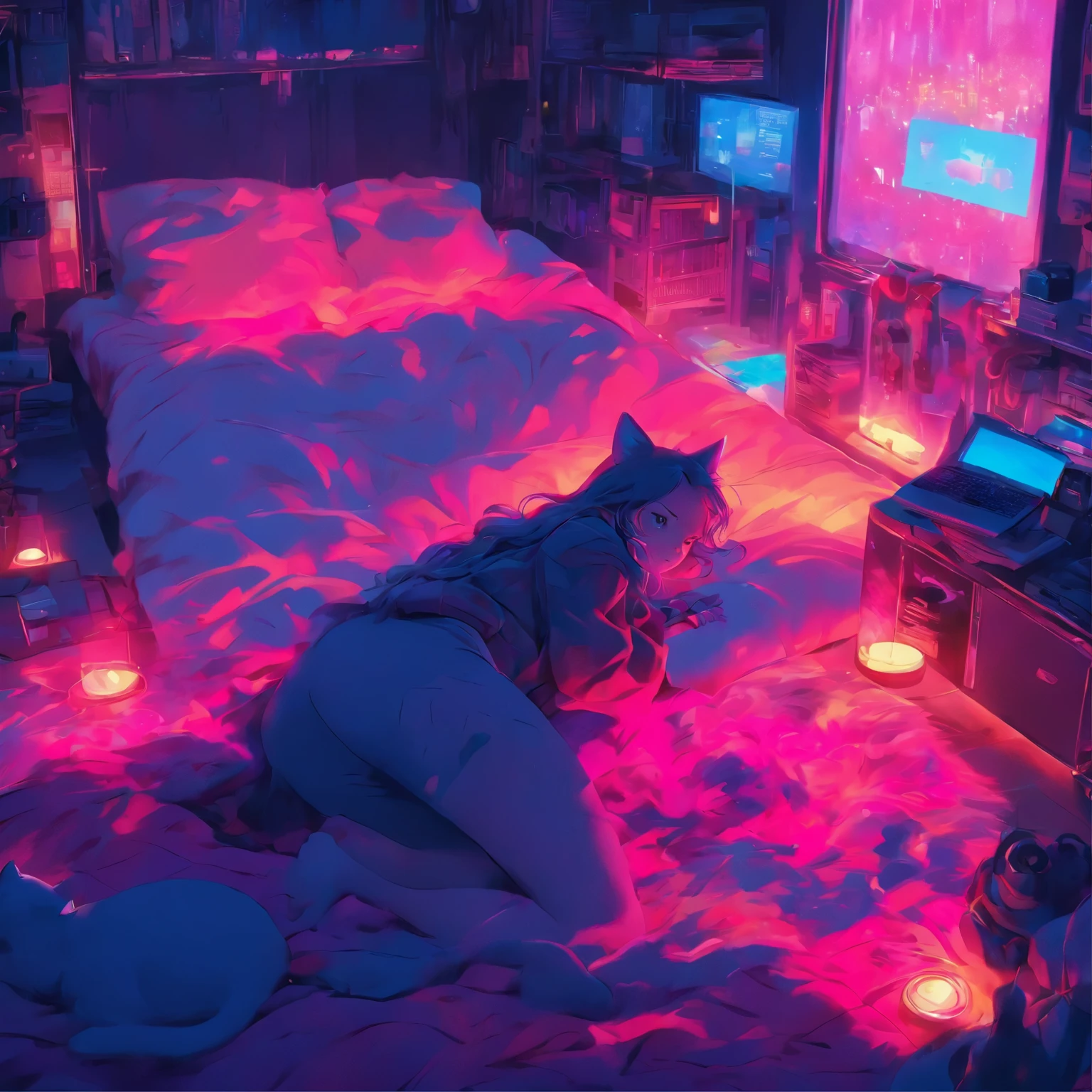 anime scene of a woman laying on a bed with a cat, cyberpunk art by Liam Wong, tumblr, magical realism, loish art style, anime vibes, anime aesthetic, in the bedroom at a sleepover, lofi girl, it is glowing, lofi art, 8 0 s anime vibe, lofi girl aesthetic, dreamy illustration, dreamy psychedelic anime, really realistic