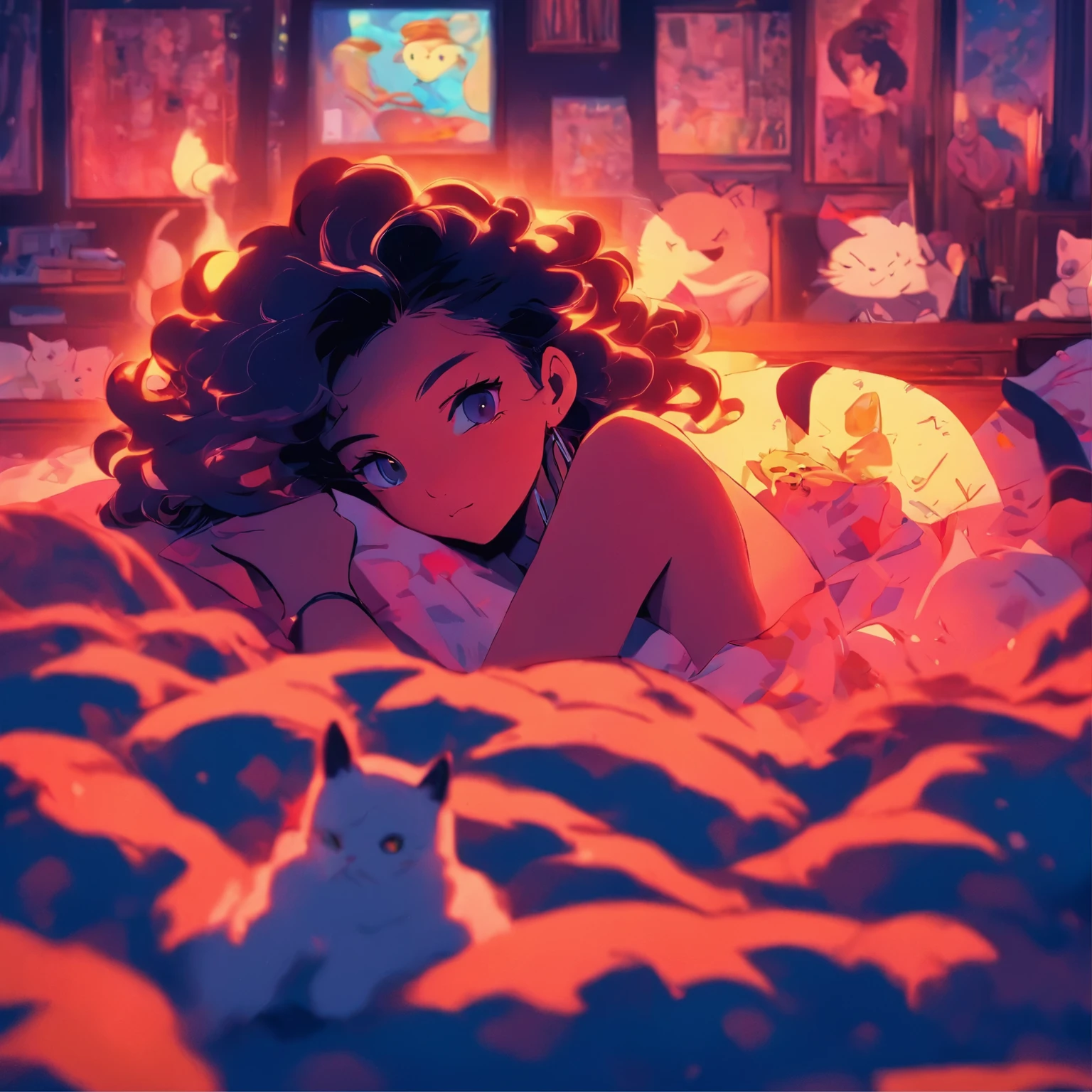 anime scene of a woman laying on a bed with a cat, cyberpunk art by Liam Wong, tumblr, magical realism, loish art style, anime vibes, anime aesthetic, in the bedroom at a sleepover, lofi girl, it is glowing, lofi art, 8 0 s anime vibe, lofi girl aesthetic, dreamy illustration, dreamy psychedelic anime, really realistic