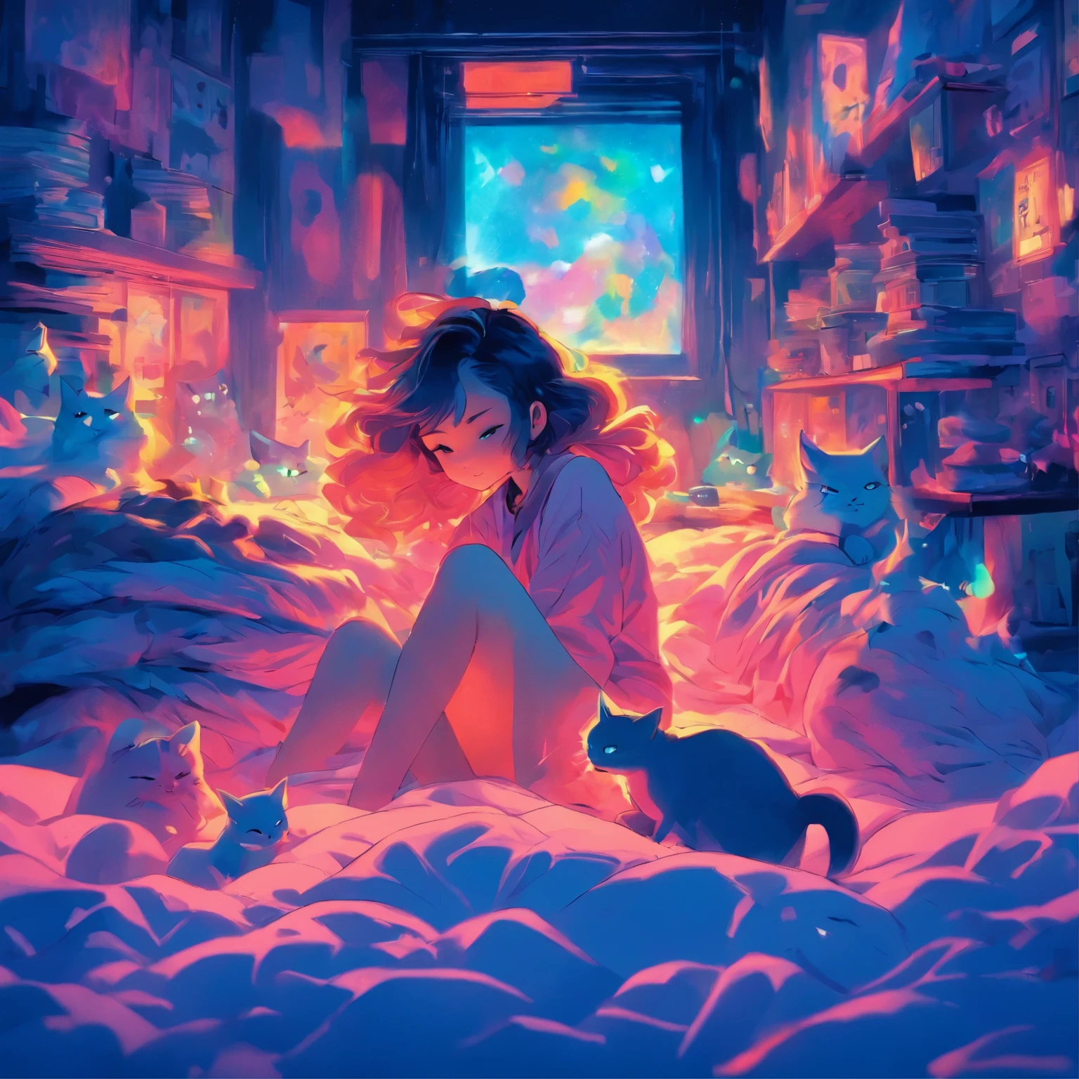 anime scene of a woman laying on a bed with a cat, cyberpunk art by Liam Wong, tumblr, magical realism, loish art style, anime vibes, anime aesthetic, in the bedroom at a sleepover, lofi girl, it is glowing, lofi art, 8 0 s anime vibe, lofi girl aesthetic, dreamy illustration, dreamy psychedelic anime, really realistic