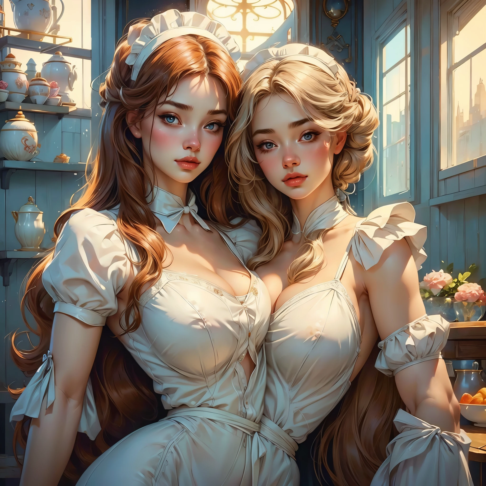 Beautiful girl in a semi-transparent maid outfit、Very beautiful girl、Classy maid、Delicate facial features、gorgeous eyes、Long eyelashes、Small Nose、Thick lips、White skin、long flowing hair、Graceful pose、Cinematic lighting、Soft pastel colors、Graceful and calm、(highest quality、4k、8k、High resolution、masterpiece:1.2)、Super detailed、(Real、Photorealistic、Photorealistic:1.37)
