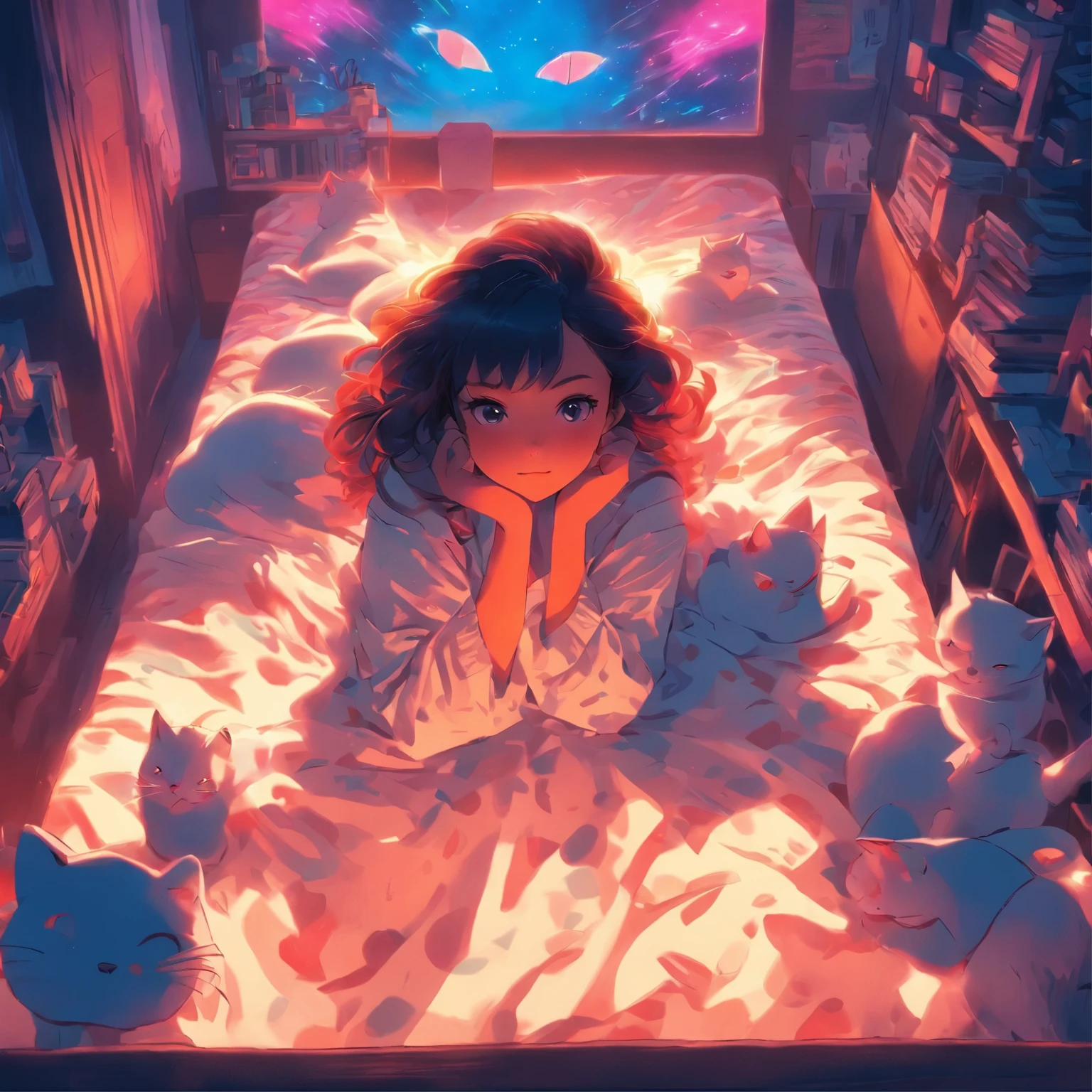 anime scene of a woman laying on a bed with a cat, cyberpunk art by Liam Wong, tumblr, magical realism, loish art style, anime vibes, anime aesthetic, in the bedroom at a sleepover, lofi girl, it is glowing, lofi art, 8 0 s anime vibe, lofi girl aesthetic, dreamy illustration, dreamy psychedelic anime, really realistic