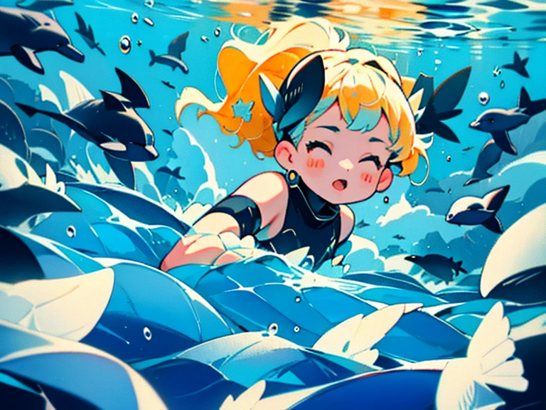 Girl swimming with dolphins in the ocean。Sparkling。