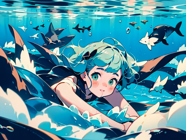在海里和海豚一起游泳的女孩。闪闪发光的。