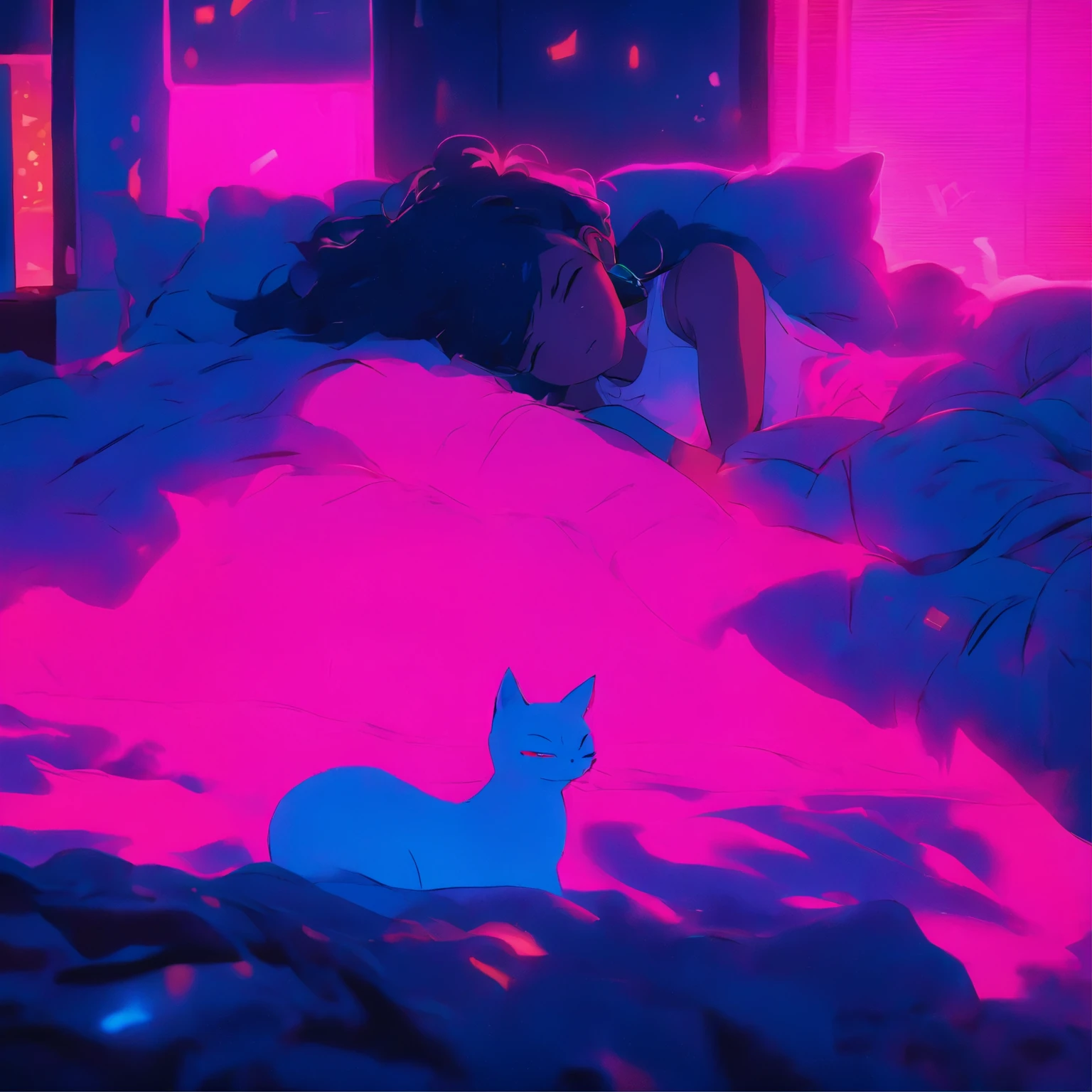 anime scene of a woman laying on a bed with a cat, cyberpunk art by Liam Wong, tumblr, magical realism, loish art style, anime vibes, anime aesthetic, in the bedroom at a sleepover, lofi girl, it is glowing, lofi art, 8 0 s anime vibe, lofi girl aesthetic, dreamy illustration, dreamy psychedelic anime, really realistic