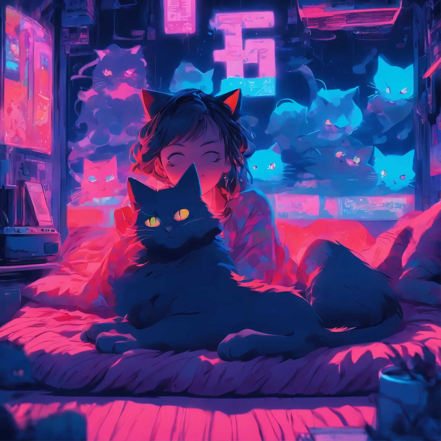 anime scene of a woman laying on a bed with a cat, cyberpunk art by Liam Wong, tumblr, magical realism, loish art style, anime vibes, anime aesthetic, in the bedroom at a sleepover, lofi girl, it is glowing, lofi art, 8 0 s anime vibe, lofi girl aesthetic, dreamy illustration, dreamy psychedelic anime, really realistic