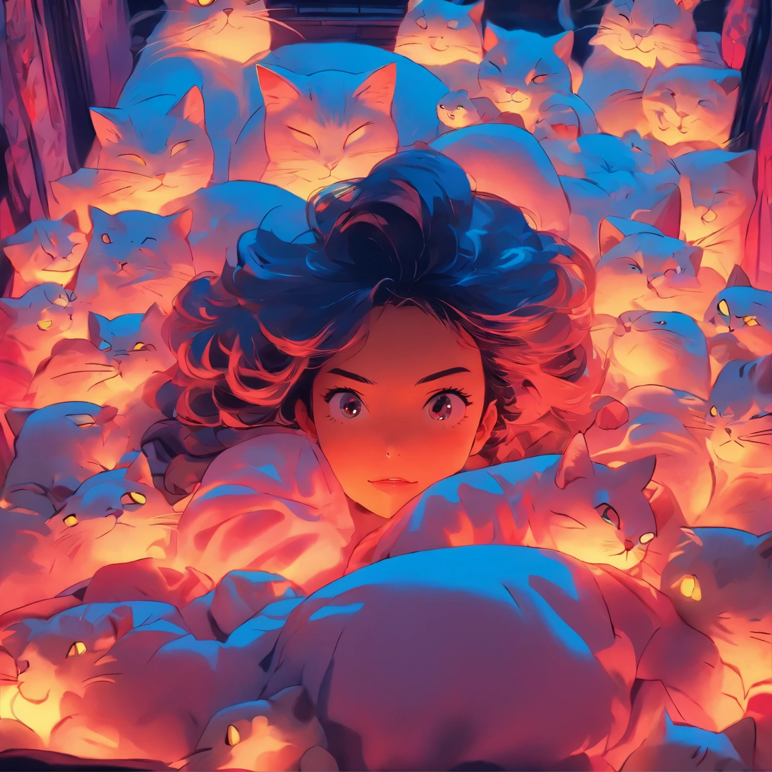 anime scene of a woman laying on a bed with a cat, cyberpunk art by Liam Wong, tumblr, magical realism, loish art style, anime vibes, anime aesthetic, in the bedroom at a sleepover, lofi girl, it is glowing, lofi art, 8 0 s anime vibe, lofi girl aesthetic, dreamy illustration, dreamy psychedelic anime, really realistic